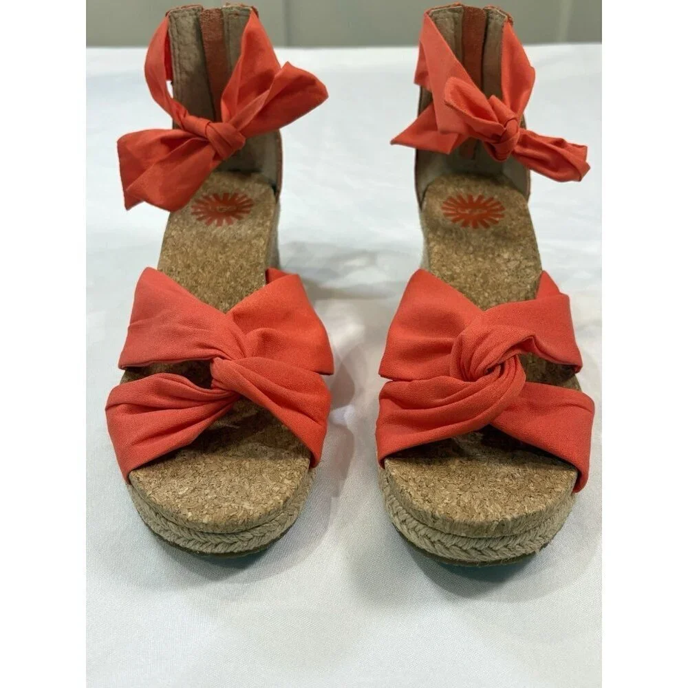 UGG Womens Yarrow Wedge Espadrille Sandal Size 9.5 Orange Ankle Tie